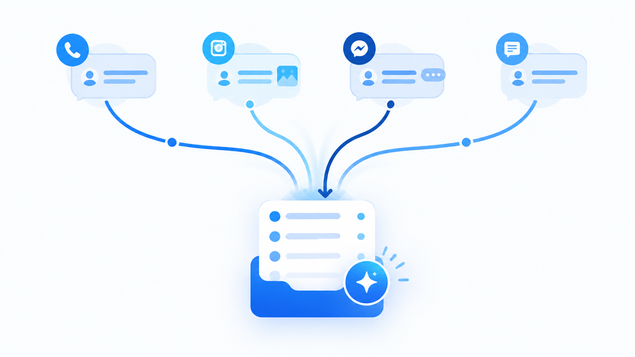 Illustration of message bubbles from multiple apps converging into one inbox in blue tones