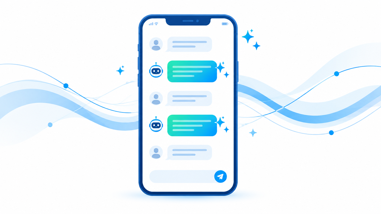 Illustration of a WhatsApp chat conversation with automated replies in blue tones